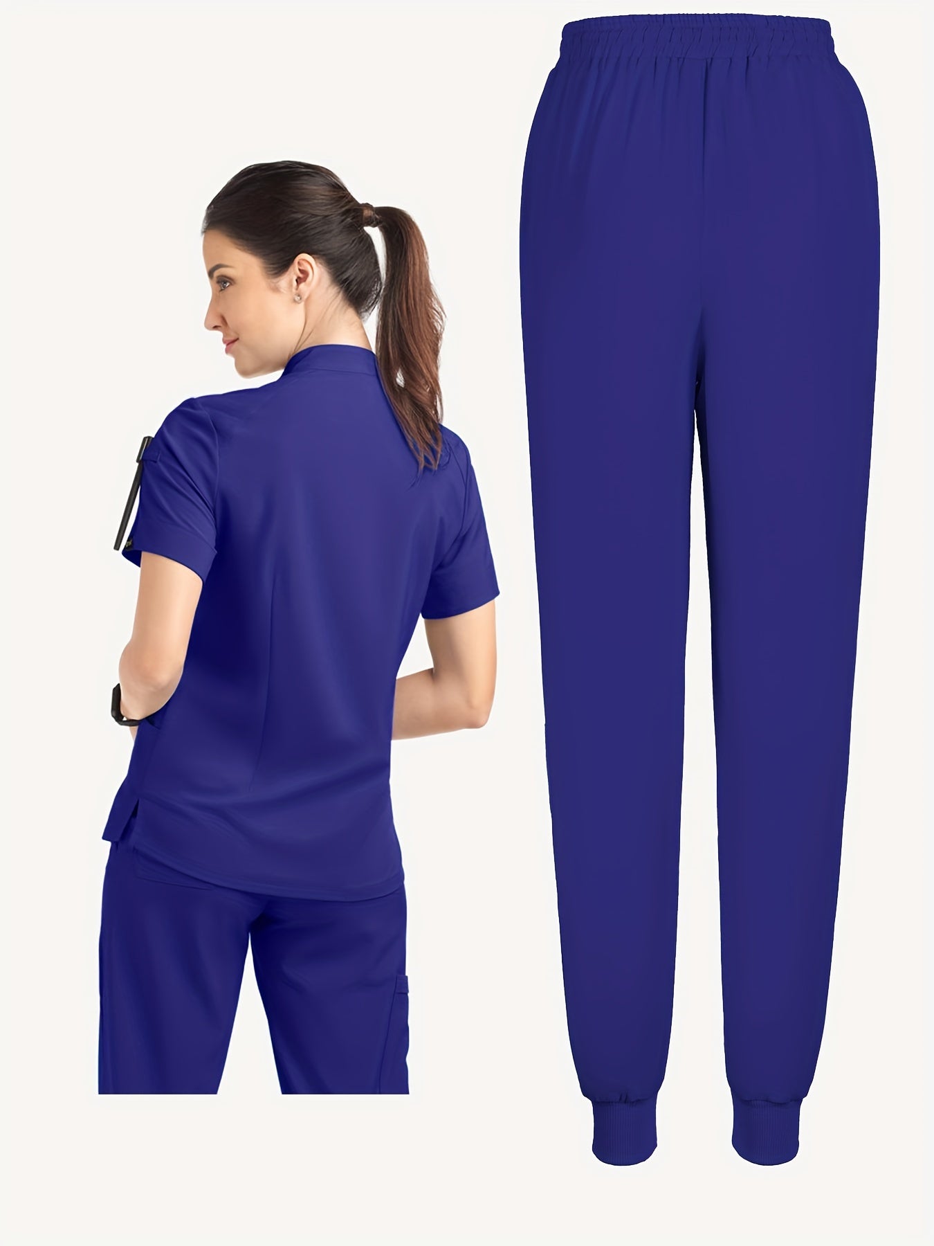 Solid Two-piece Set, Elegant Short Sleeve Scrub Top & Drawstring Pants Outfits For Medical & Health Care, Women's Clothing