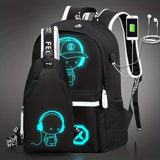 2pcs\u002Fset Simple And Large Capacity Casual Backpack Travel Backpack School Bag, Cartoon Print Crossbody Bag Chest Bag