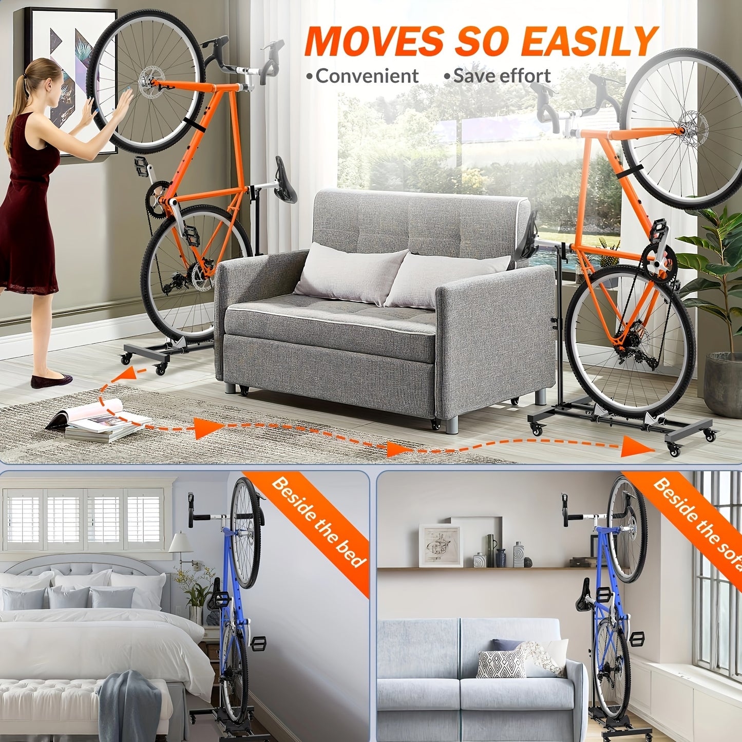 Soporte de bicicleta vertical de 1pc, estante de almacenamiento de bicicleta de interior independiente, soporte de piso de bicicleta vertical, soporte de bicicleta de interior con altura ajustable para garaje y apartamento, para ruedas de hasta 29 pulgada