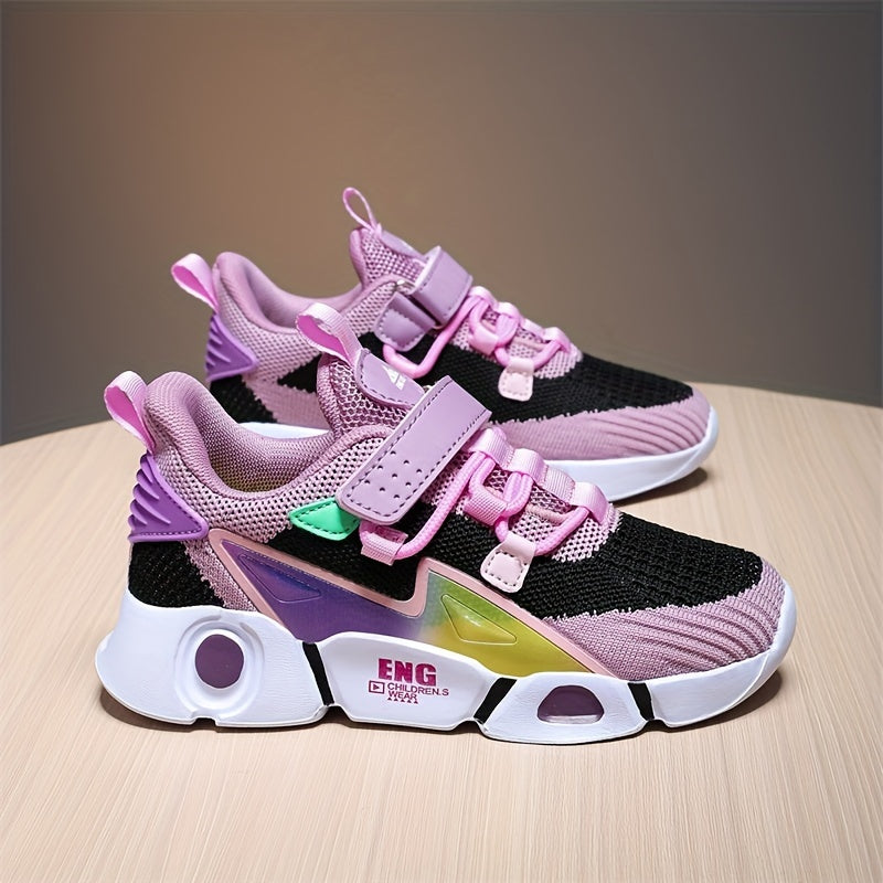 Girls Trendy Color Block Breathable Lace-up Sneakers, Children's Outdoor Non-slip Platform Running Shoes