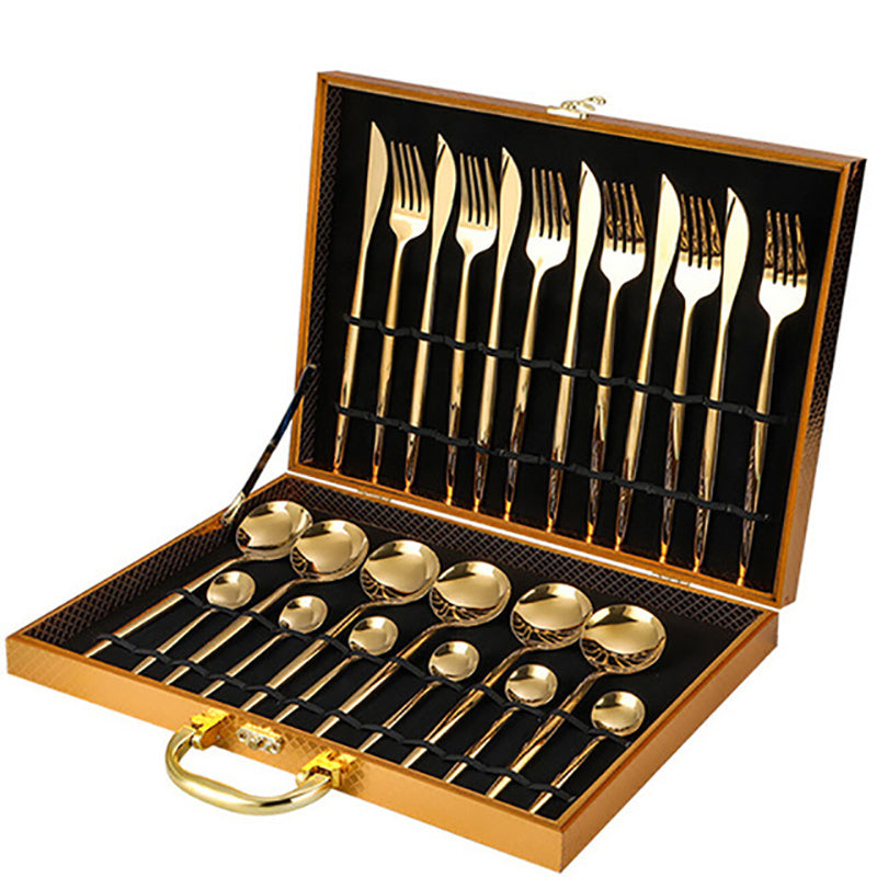 24pcs Elegant Tableware Set, Stainless Steel Mirror Polished Silverware Set, Golden \u002F Silvery Flatware Set With Gift Box, Wedding Dining Household Fork Spoon Knife Cutlery Set, Kitchen Accessories