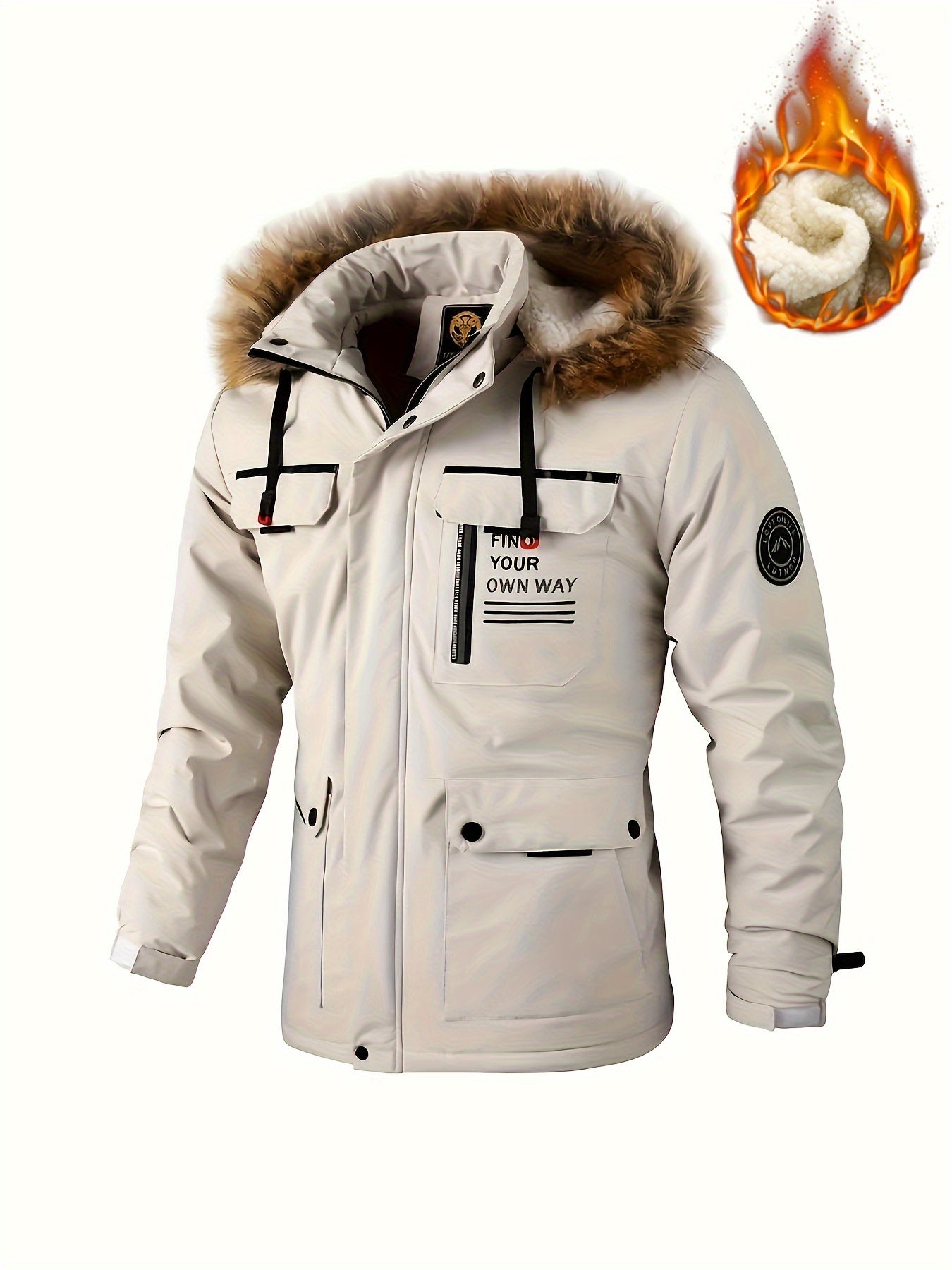 Parka masculina com capuz de lã quente, jaqueta casual com vários bolsos para outono e inverno