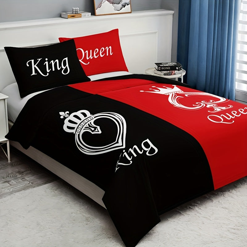 3pcs Duvet Cover Set, Black And Red Crown Pattern Bedding Set, Soft Duvet Cover For Bedroom, Guest Room (1*Duvet Cover + 2*Pillowcase, Without Core)