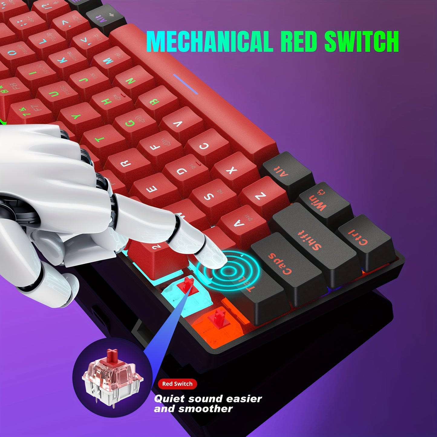 Snpurdiri 60% teclado mecánico con cable, mini teclado para juegos con 61 teclas de interruptores rojos para PC, Windows XP, Win 7, Win 10 (negro-rojo, interruptores rojos)