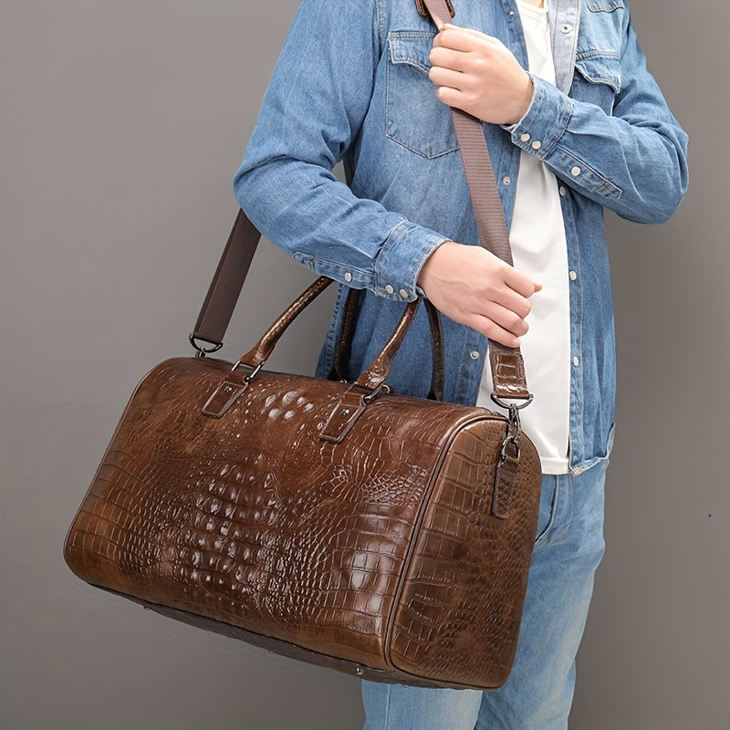 1pc Men's Crocodile Pattern Travel Bag, Casual Top Layer Cowhide Traveling Large Bag