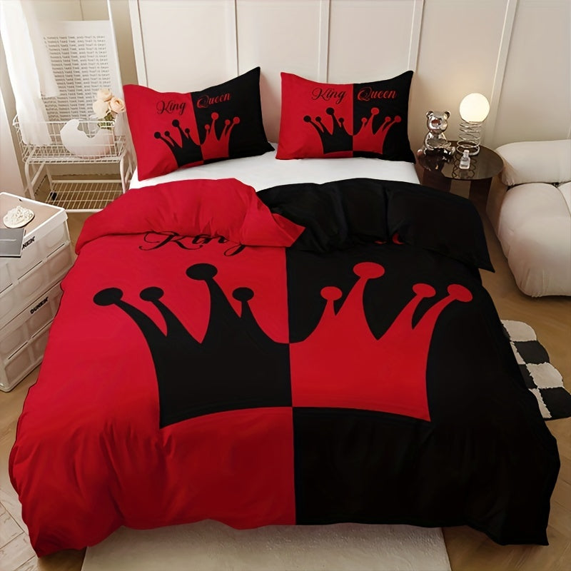 3pcs Duvet Cover Set, Black And Red Crown Pattern Bedding Set, Soft Duvet Cover For Bedroom, Guest Room (1*Duvet Cover + 2*Pillowcase, Without Core)