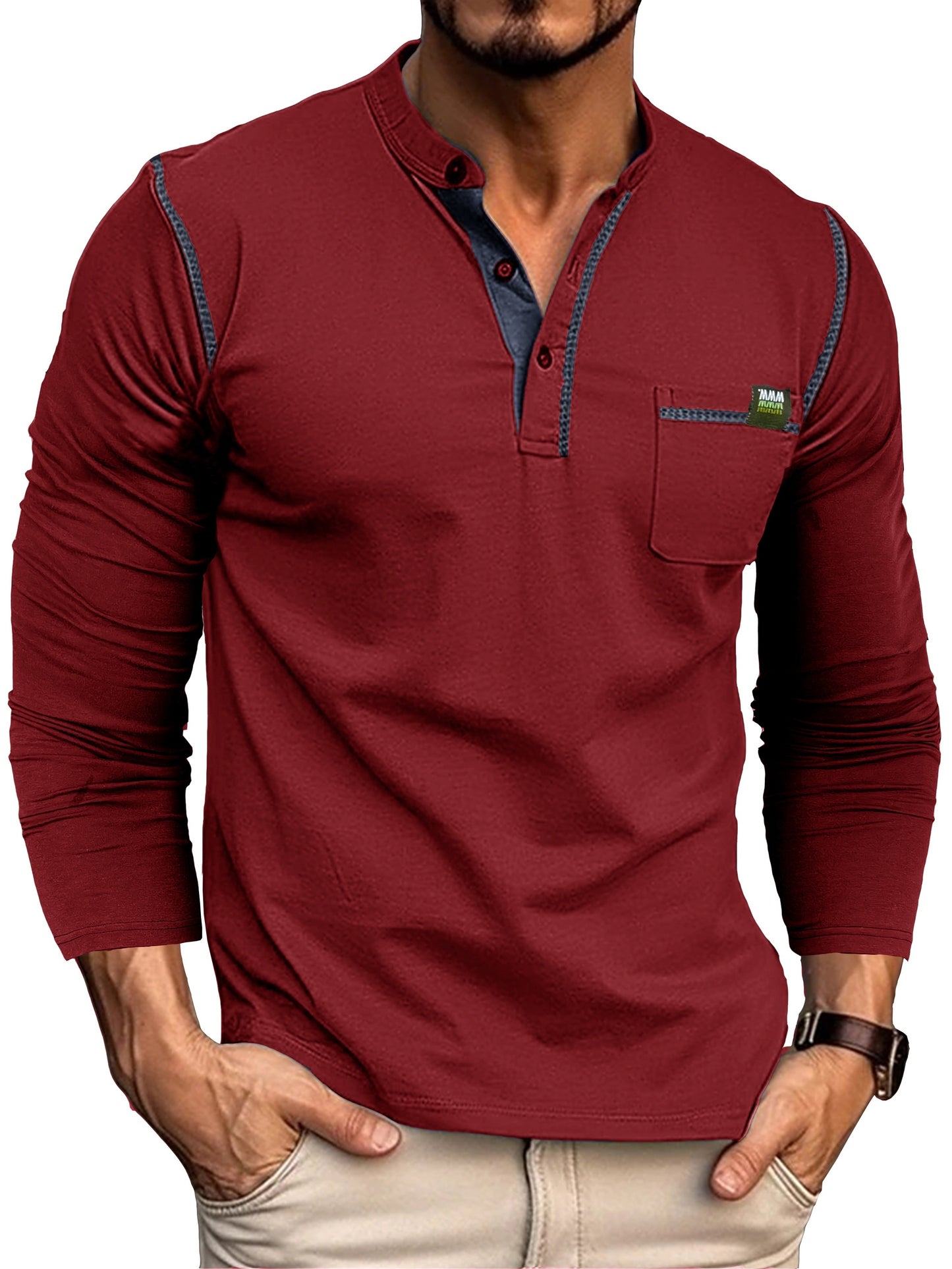 Retro Henley Shirt, Men's Casual V-Neck Pullover Long Sleeve Tshirts For Spring Fall, Men's Clothing