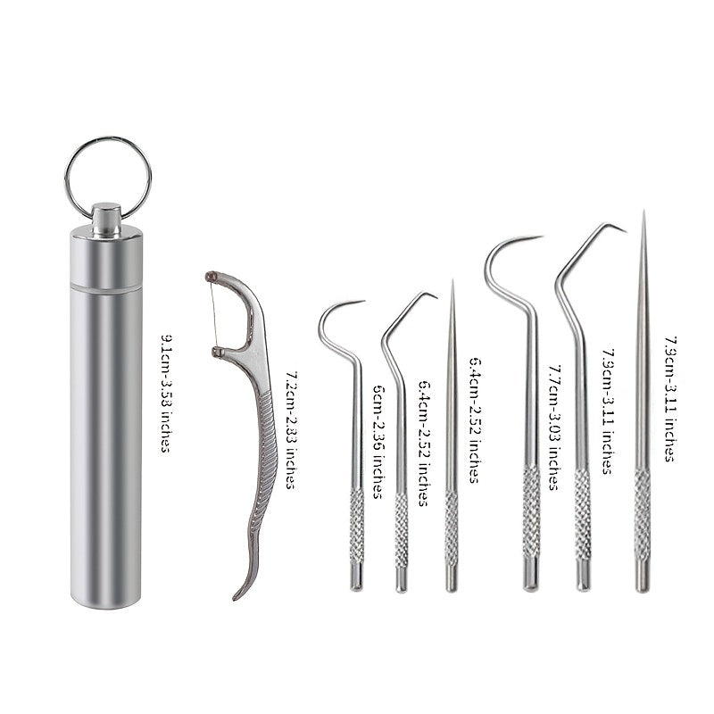 Kit de limpeza dentária profissional de aço inoxidável 7pcs - palitos reutilizáveis, fio dental portátil e limpador de dentes - perfeito para uso doméstico!