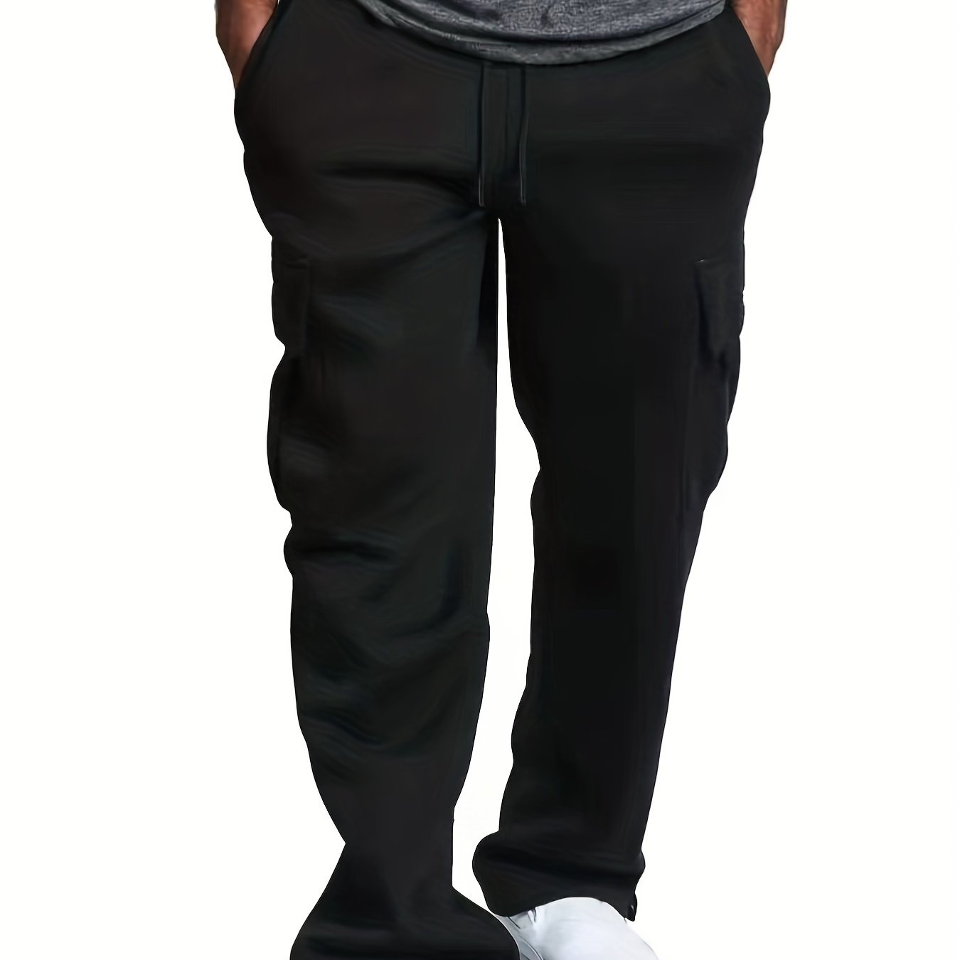 Plus Size Men's Relaxed Fit Cargo Trousers With Pockets, Oversized Casual Drawstring Pants For Big And Tall Guys