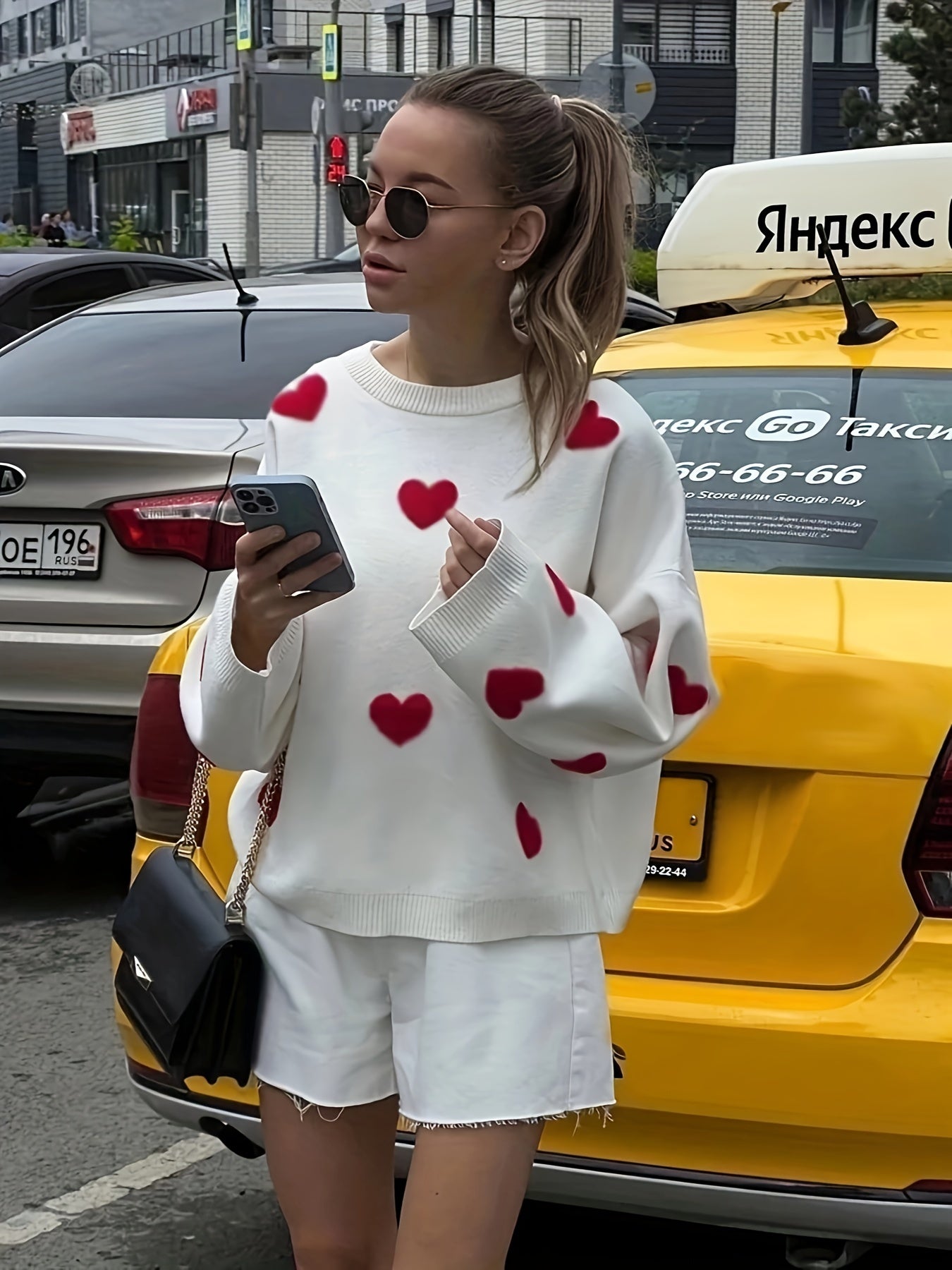 Valentine's Day Heart Pattern Sweater, Casual Long Sleeve Drop Shoulder Sweater, Women's Clothing