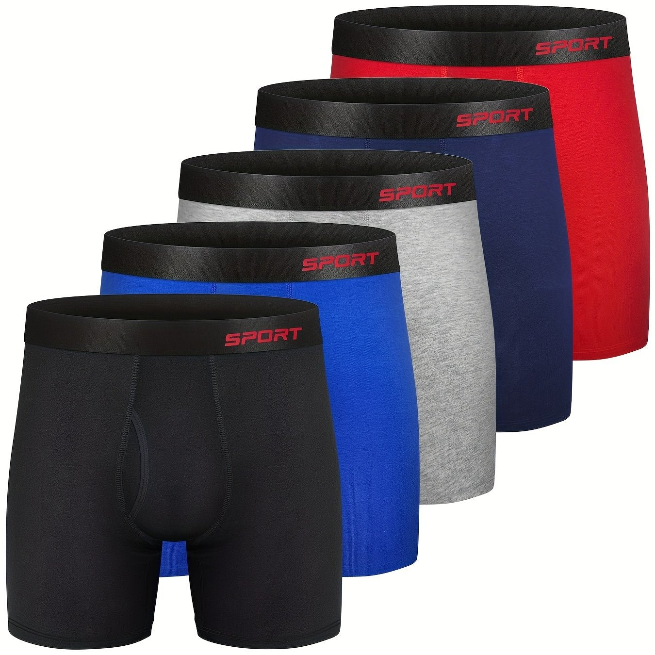 5pcs Men's Sports Long Boxers Briefs With Fly, Cotton Underwear, Regular Stretch Elastic Wide Band Comfortable Underpants