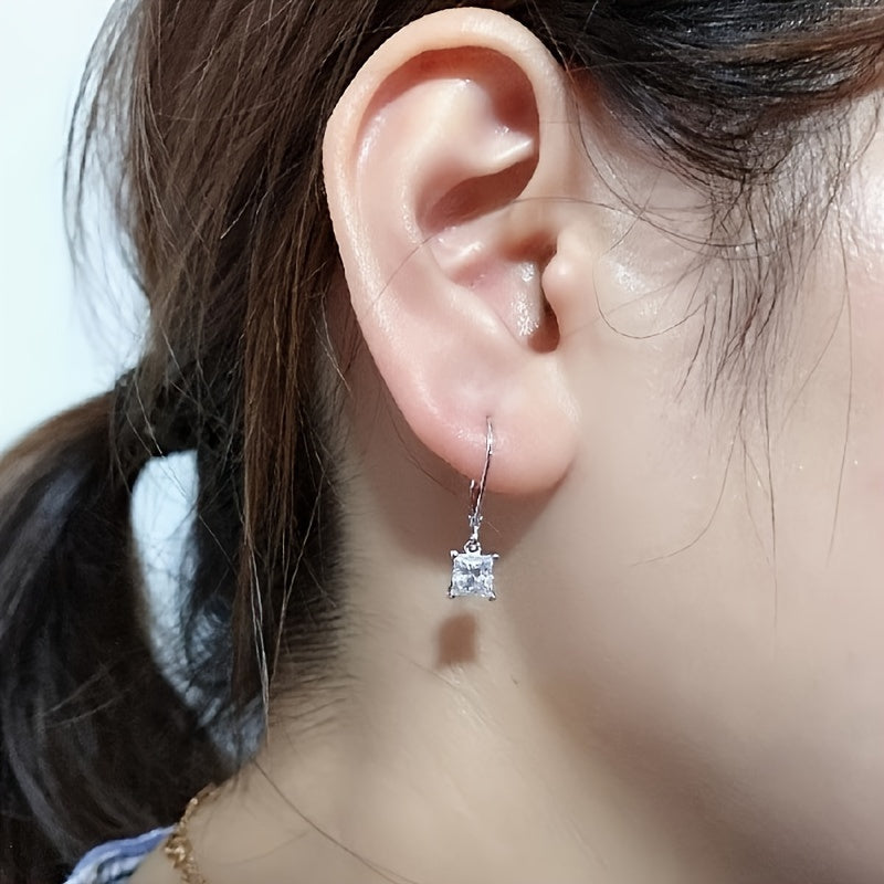 925 plata esterlina hipoalergénico Pendientes de aro con ZIRCON cuadrado colgante simple estilo elegante adecuado para las mujeres boda