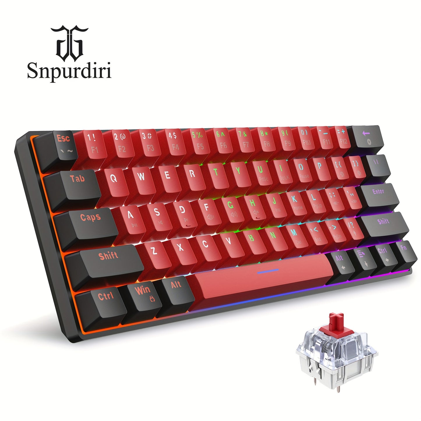 Teclado mecânico Snpurdiri 60% com fio, mini teclado para jogos com 61 teclas vermelhas para PC, Windows XP, Win 7, Win 10 (interruptores preto-vermelho, vermelhos)