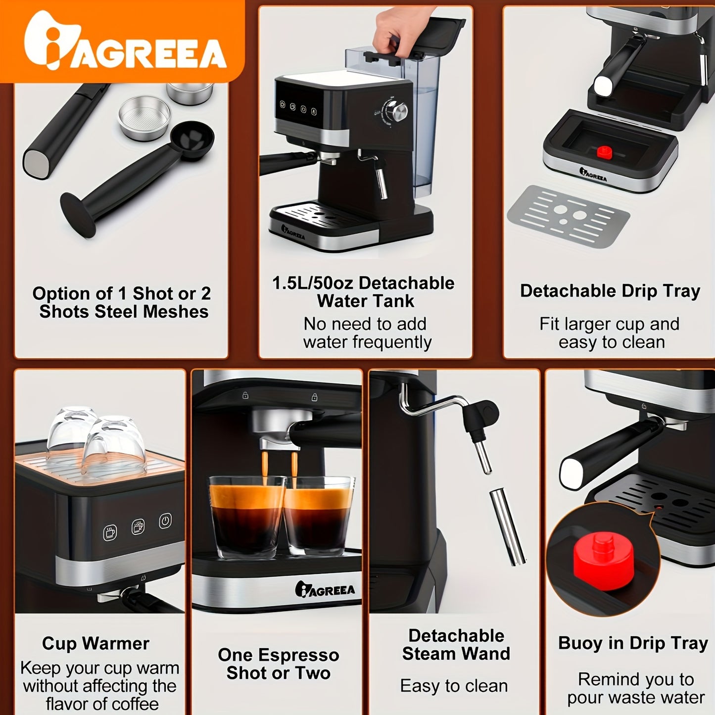 1pc, Drelex Espresso Machine With Milk Frothing, 20 Bar Expresso Coffee Machine, 1.5L\u002F50oz Removable Water Tank, Semi-Automatic Coffee Machine With Steam Wand For Espresso, Latte, And Cappuccino, 1050W, Touch Control