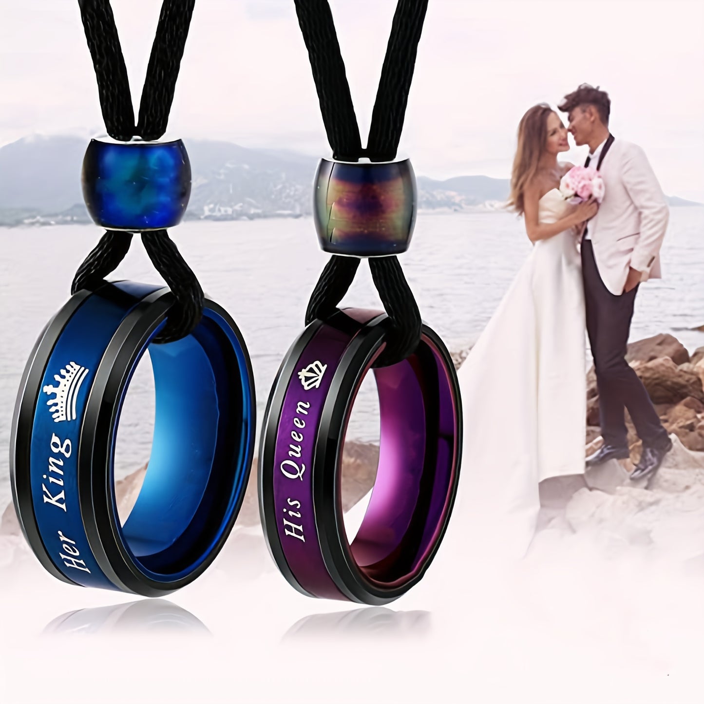 Stainless Steel Necklace Two-Piece Set Colorful Couple Ring Pendant Necklace Promise Necklace