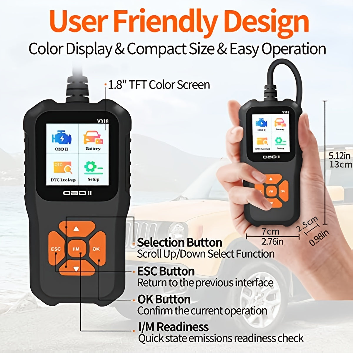 Voiture OBD2 Scanner Vérifier Moteur Lumière Défaut Lecteur de Code Batterie Tension Lire Outil Pour Tous OBD II Protocole Véhicules Depuis 1996 Couleur Écran V318