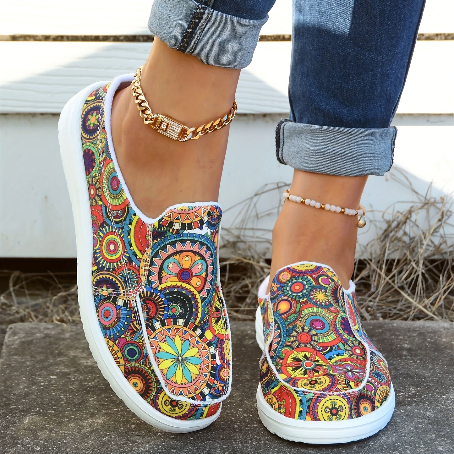 Women's Colorful Floral Print Canvas Shoes, Fashion Slip On Flat Backless Loafers, Casual Walking Shoes