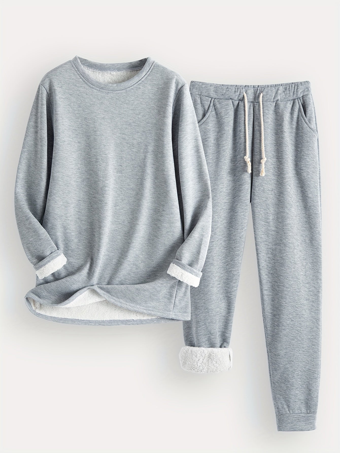 Zweiteiliges Set mit Rundhals ausschnitt Langarm Sweatshirt und Kordel zug hose lässig solide, zweiteiliges Set, Damen bekleidung