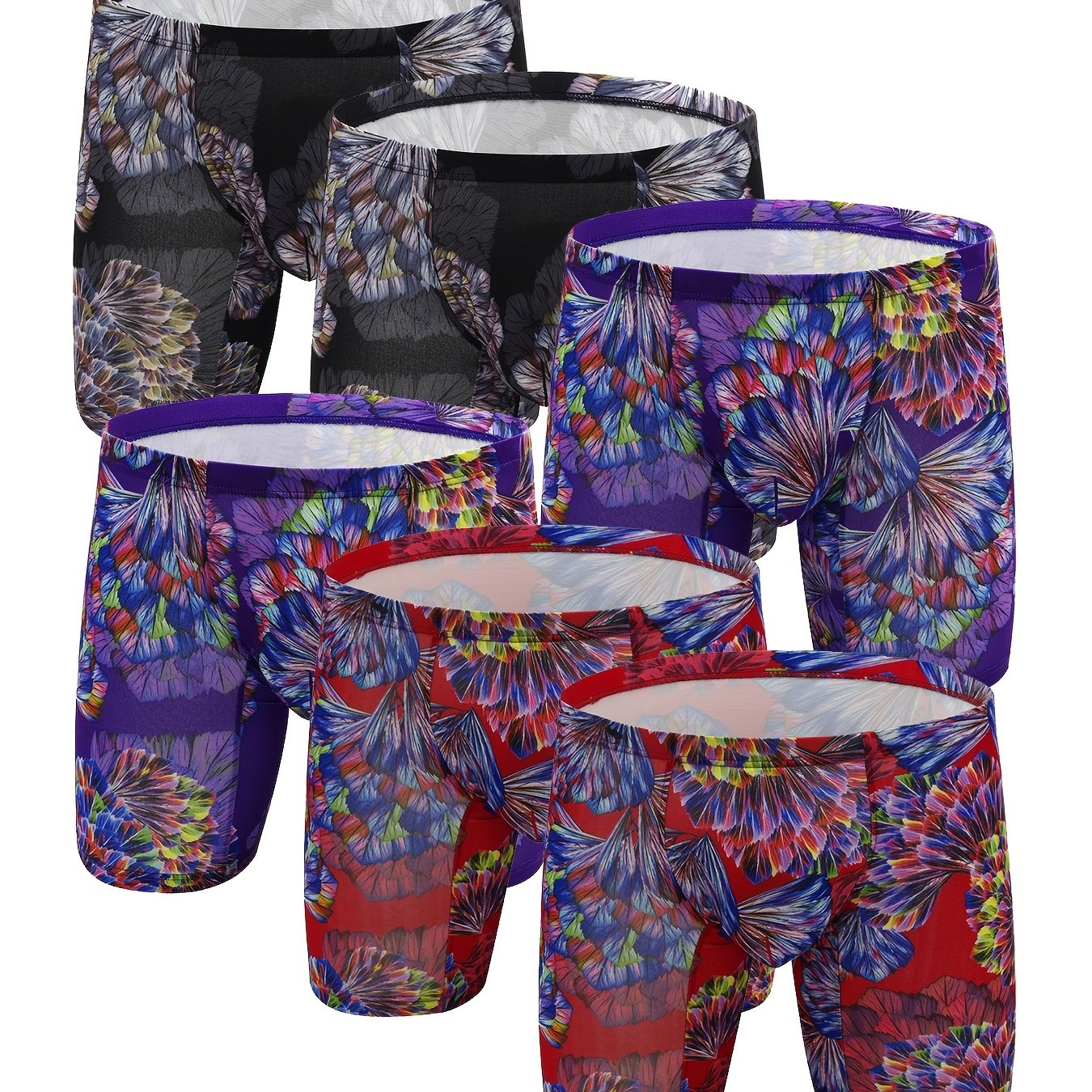 6 peças masculinas com padrão de flores, personalidade da moda, cuecas boxer de perna longa, respiráveis, confortáveis, de secagem rápida e elásticas, cuecas boxer em forma de U, calcinhas com bolsa convexa em forma de U, roupas íntimas masculinas