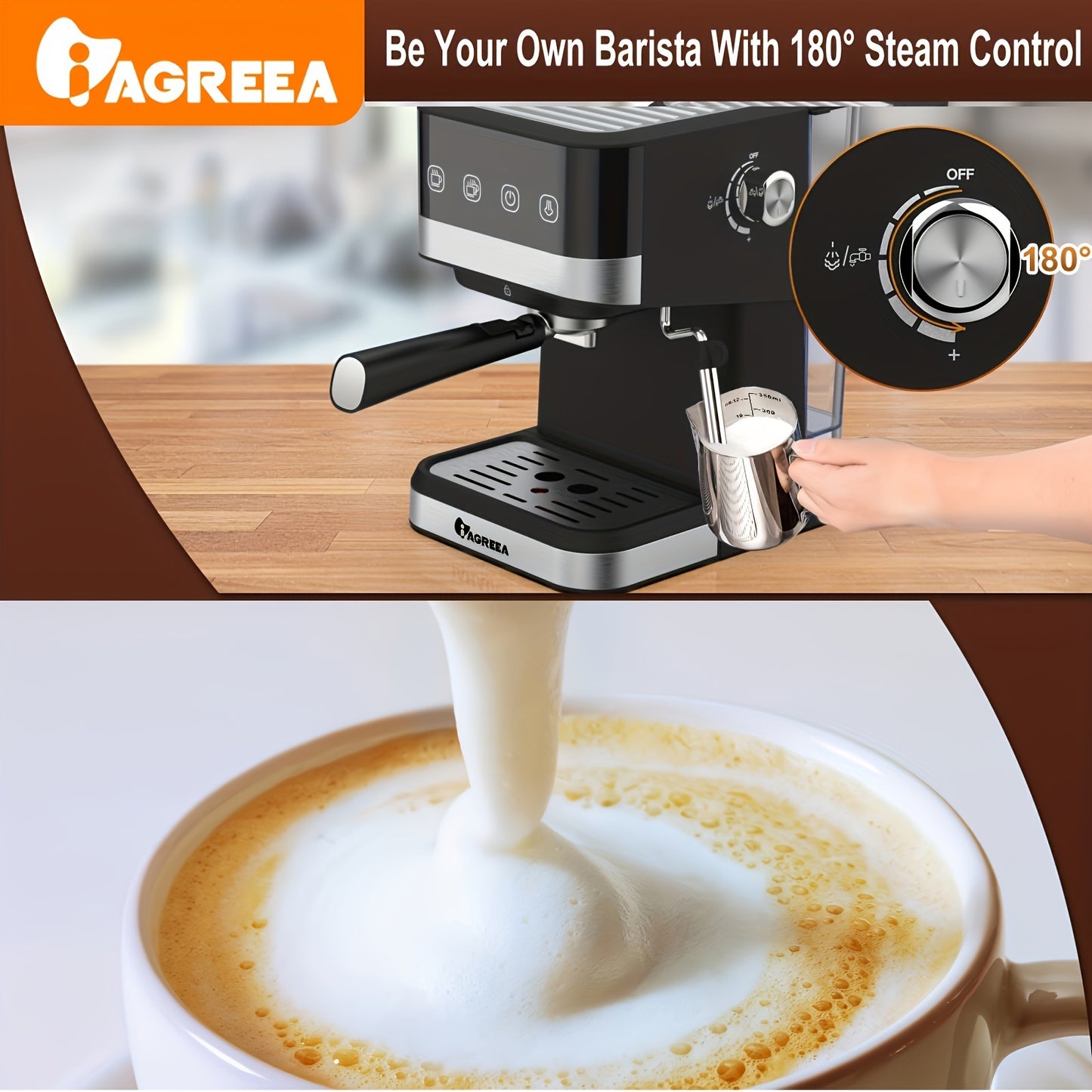 1pc, Drelex Espresso Machine With Milk Frothing, 20 Bar Expresso Coffee Machine, 1.5L\u002F50oz Removable Water Tank, Semi-Automatic Coffee Machine With Steam Wand For Espresso, Latte, And Cappuccino, 1050W, Touch Control