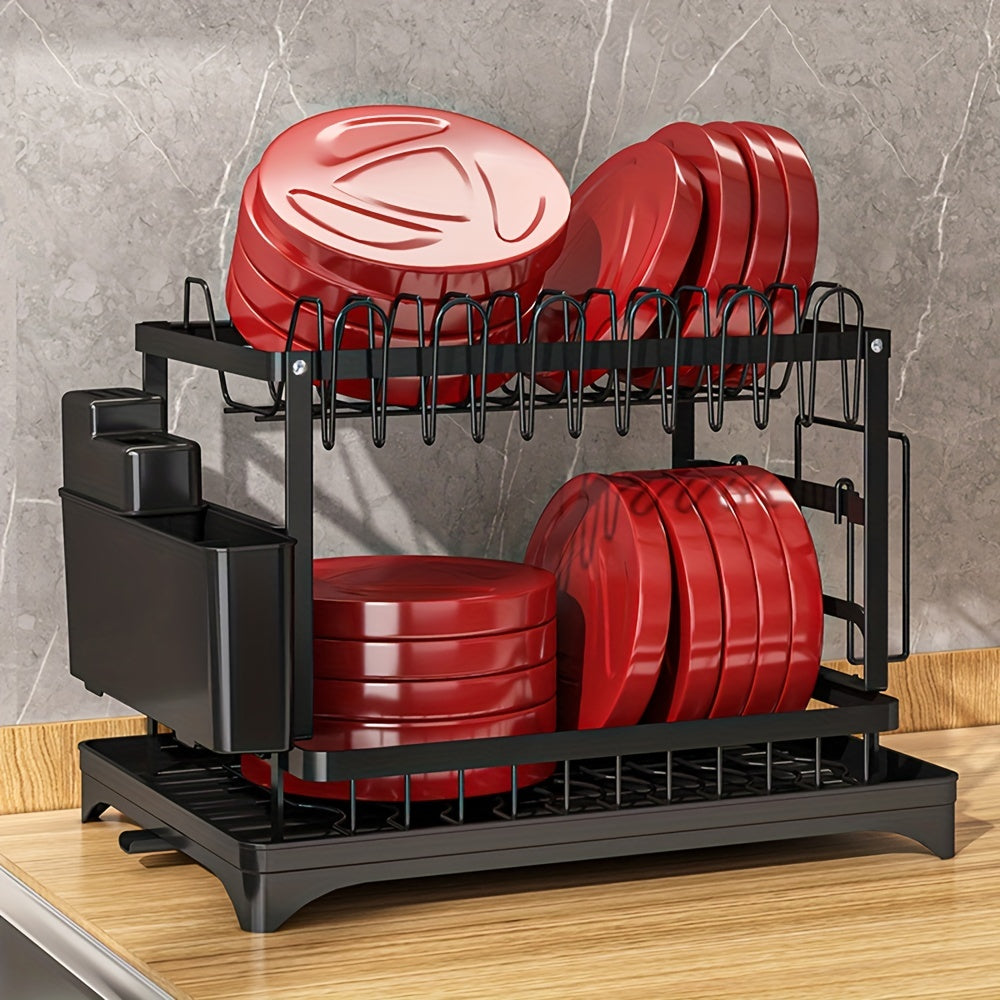 1pc Dish Drying Rack For Kitchen Counter Over The Sink, Detachable Larger Capacity 2-Tier Dish Drying Rack Drainboard Set With Double-Layer Bowl Rack, Cup Rack, Drain Board, Sticky Board Rack, Cutlery Rack, Kitchen Accessories, Black & White