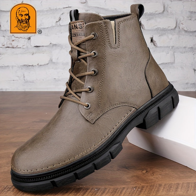 LAORENTOU Men's Trendy Solid Ankle Boots With Lined Fuzz, Waterproof Wear-resistant Non Slip Lace-up Boots For Outdoor Casual