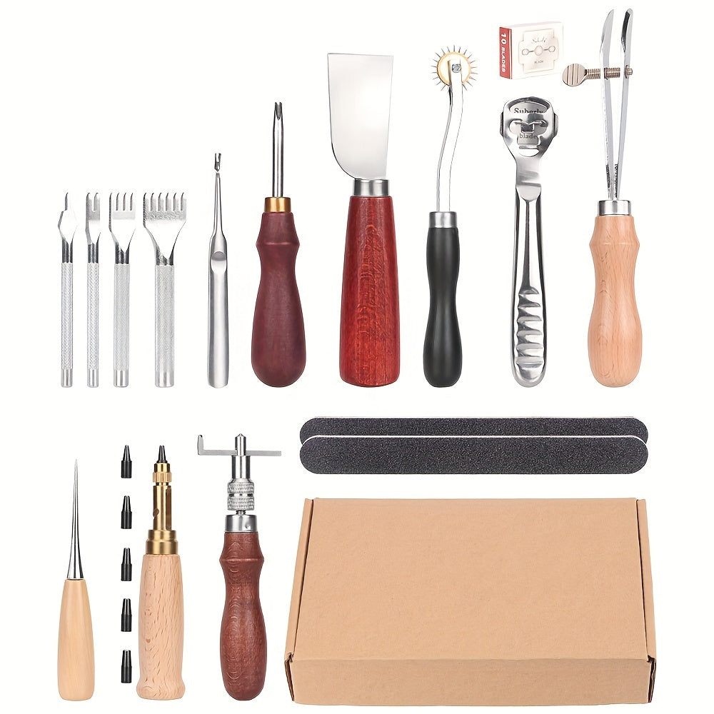 1 Set Leather Craft Tool Kit Leather Hand Sewing Repair Kit Stitching Punch Carving Grooving Work Set DIY Tool Set Professional