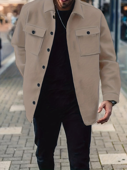 Men's Fashion Solid Fleece Jacket With Pockets For Spring\u002Fautumn, Oversized Causal Coat For Big & Tall Males, Plus Size