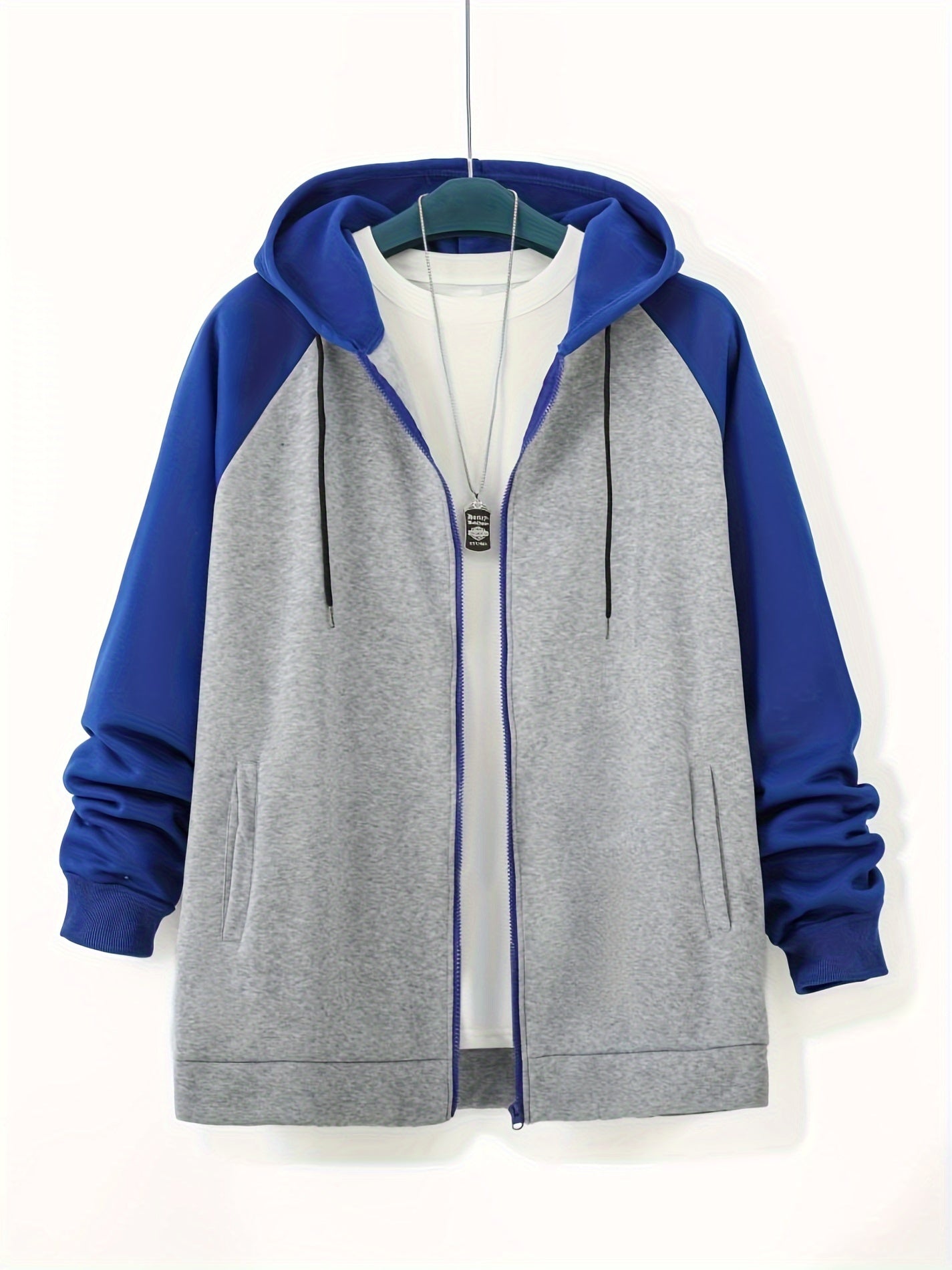 Plus Size Men's Full Zip Hoodies, Color Block Long Sleeve Drawstring Jacket Best Sellers