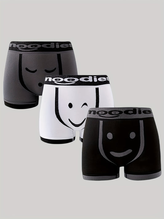 3pcs\u002Fset Cueca boxer respirável com rosto emocional masculino, roupa íntima macia e confortável para homem