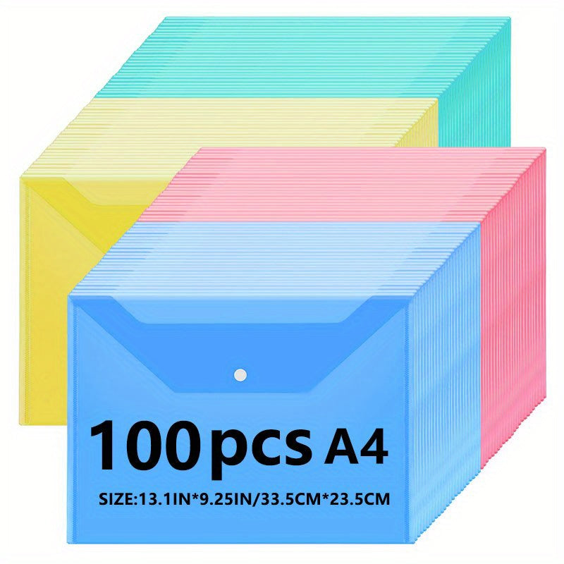 100 Pcs, Mixed Color, Thickened Material, A4 Envelope File Folder, Transparent Plastic Envelope With Button Closure, Suitable For School And Office Supplies, Multiple Colors