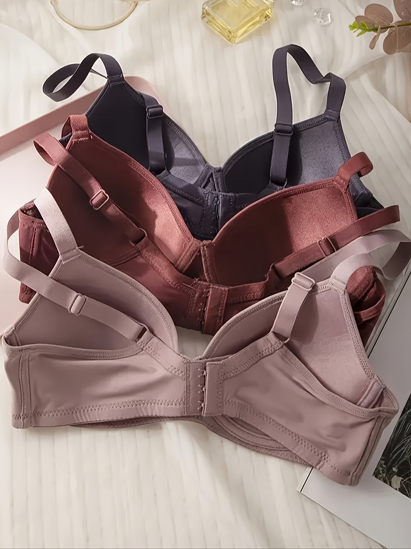 3pcs sutiã sem costura sólido simples, sutiã push up com aro confortável e respirável, lingerie e roupa íntima feminina