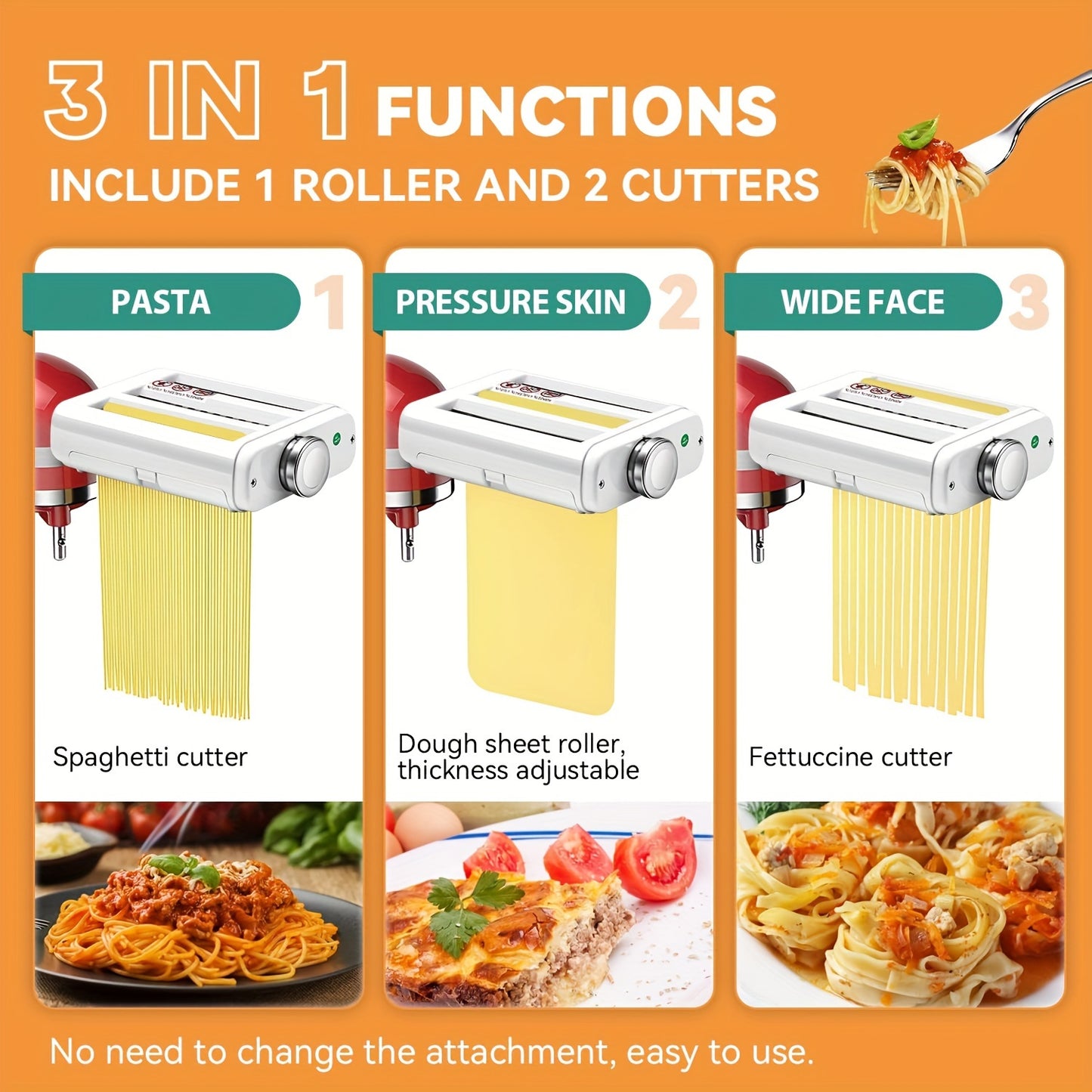 The 3-in-1 Spaghetti Accessories And Wonton Accessories Are Suitable For KitchenAid Vertical Mixer. The Spaghetti Production Accessories Include Spaghetti Drum, Spaghetti Cutter And Wonton Production Accessories