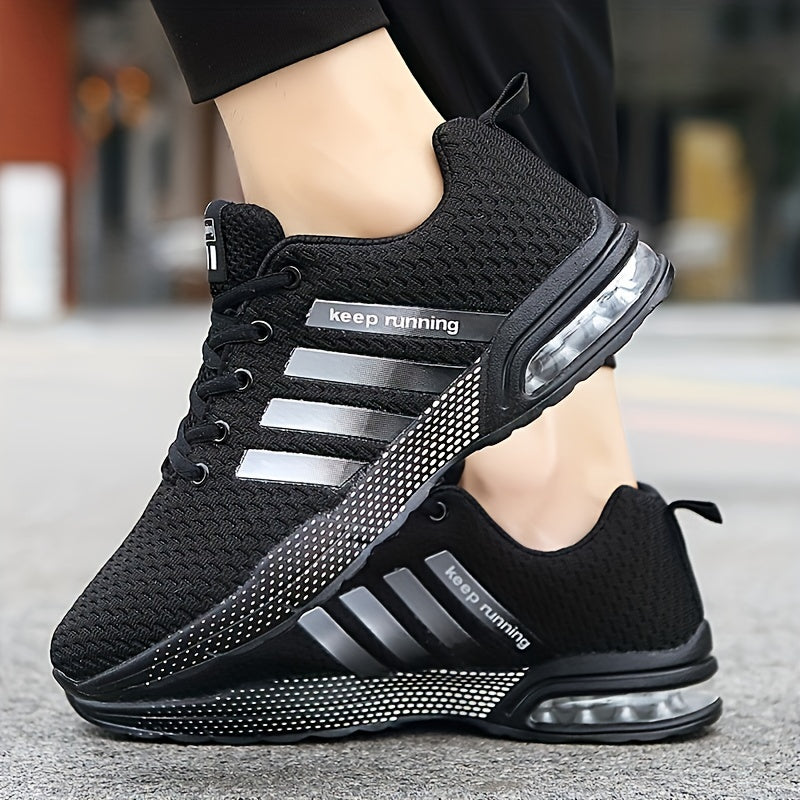 Men's Lace-up Sneakers With Air Cushion - Striped Athletic Shoes - Wear-resistant And Breathable - Running Basketball Workout Gym