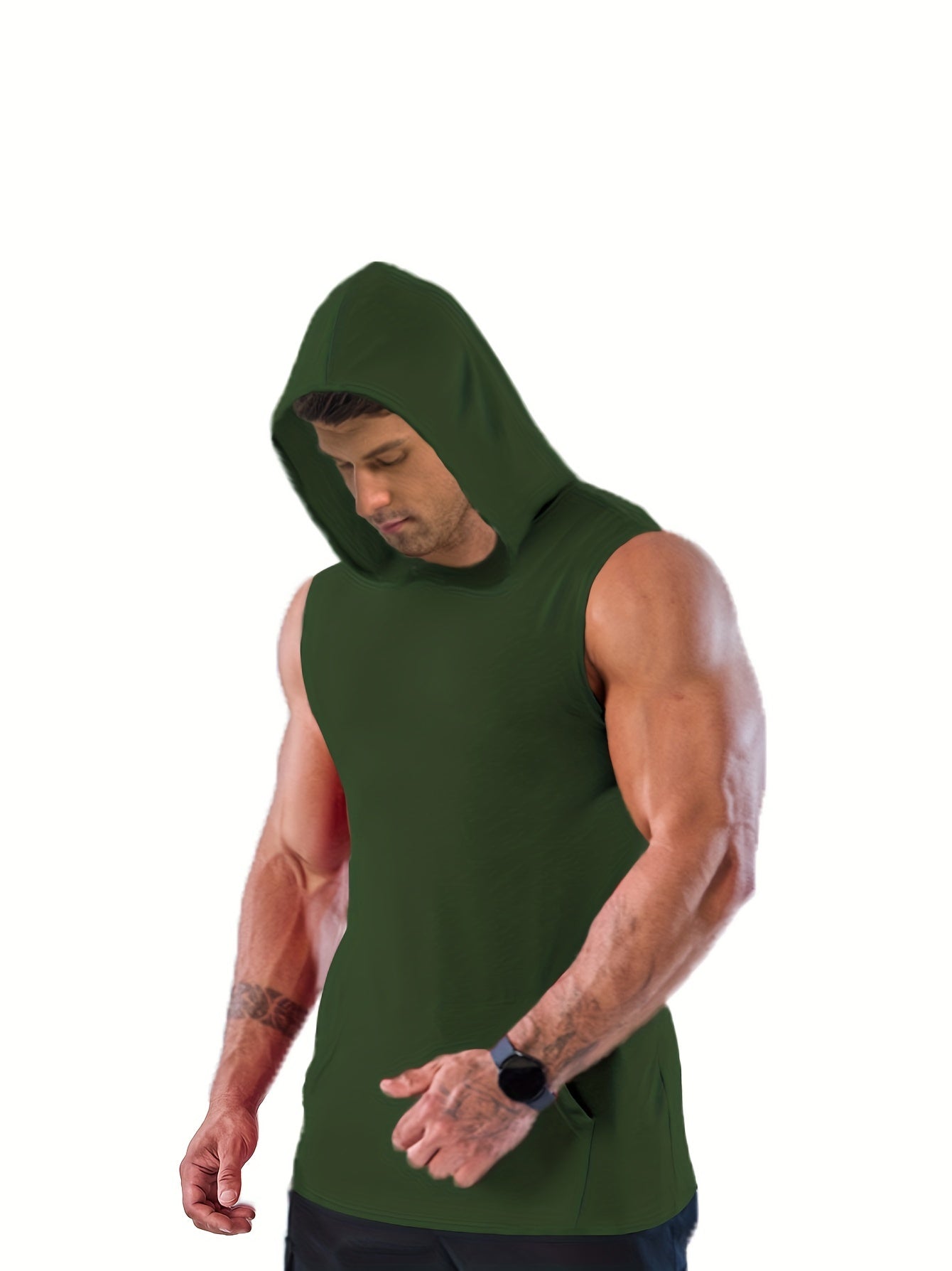 Plus Size Men's Solid Sleeveless Hoodies For Sports, Fashion Casual Hooded Tank Top For Summer, Men's Clothing