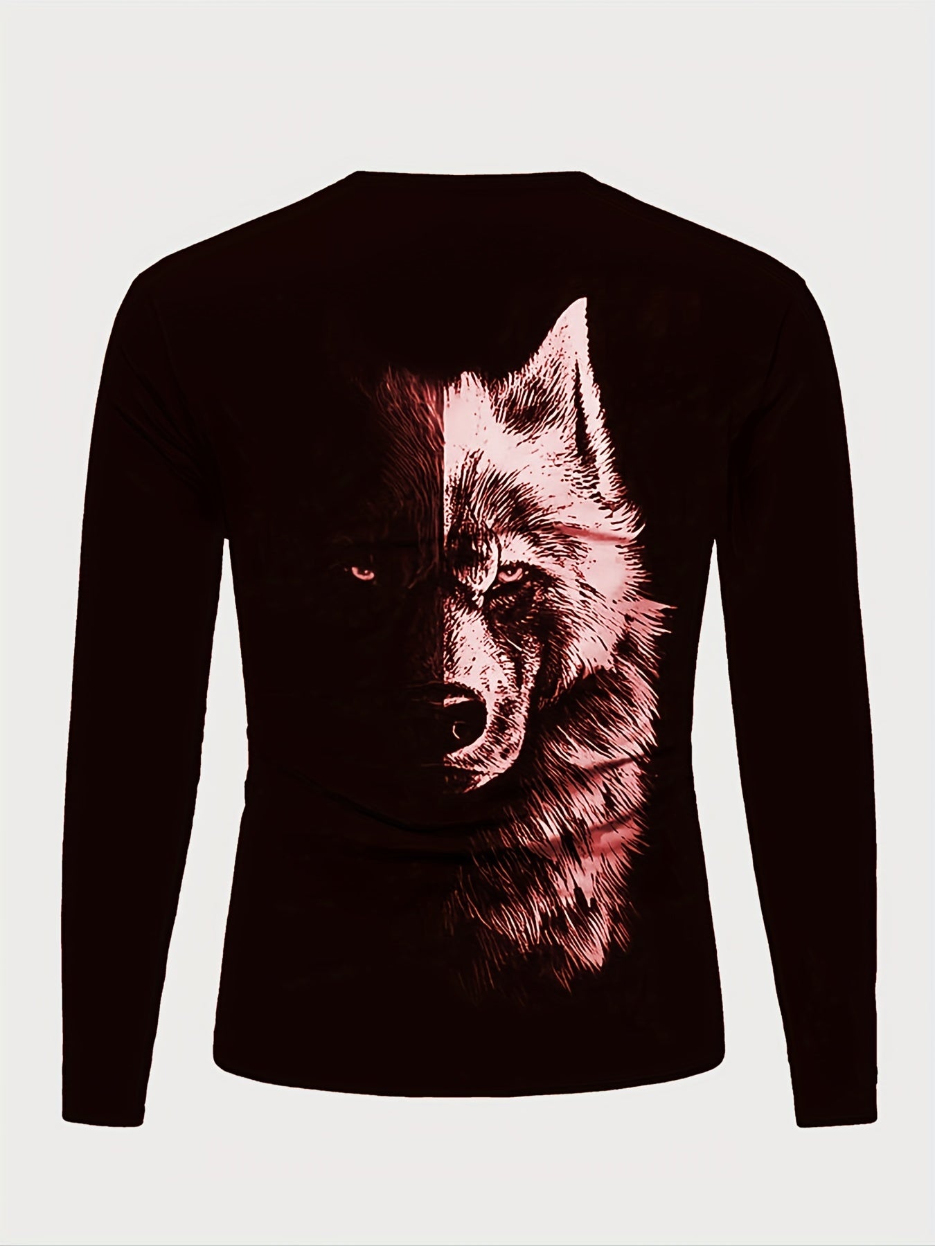 Splicing Wolf Face Hombre Moda Gráfico Camiseta Manga Larga, Primavera Otoño