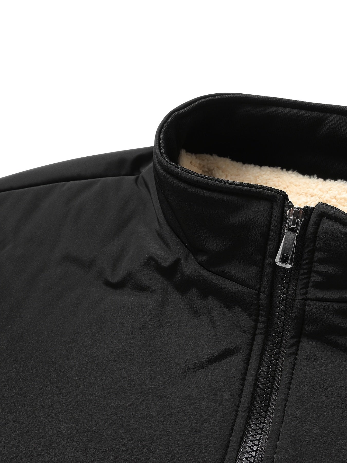 Plus Size Men's Solid Band Collar Jacket Fall Winter Fleece Warm Jacket, Men's Clothing