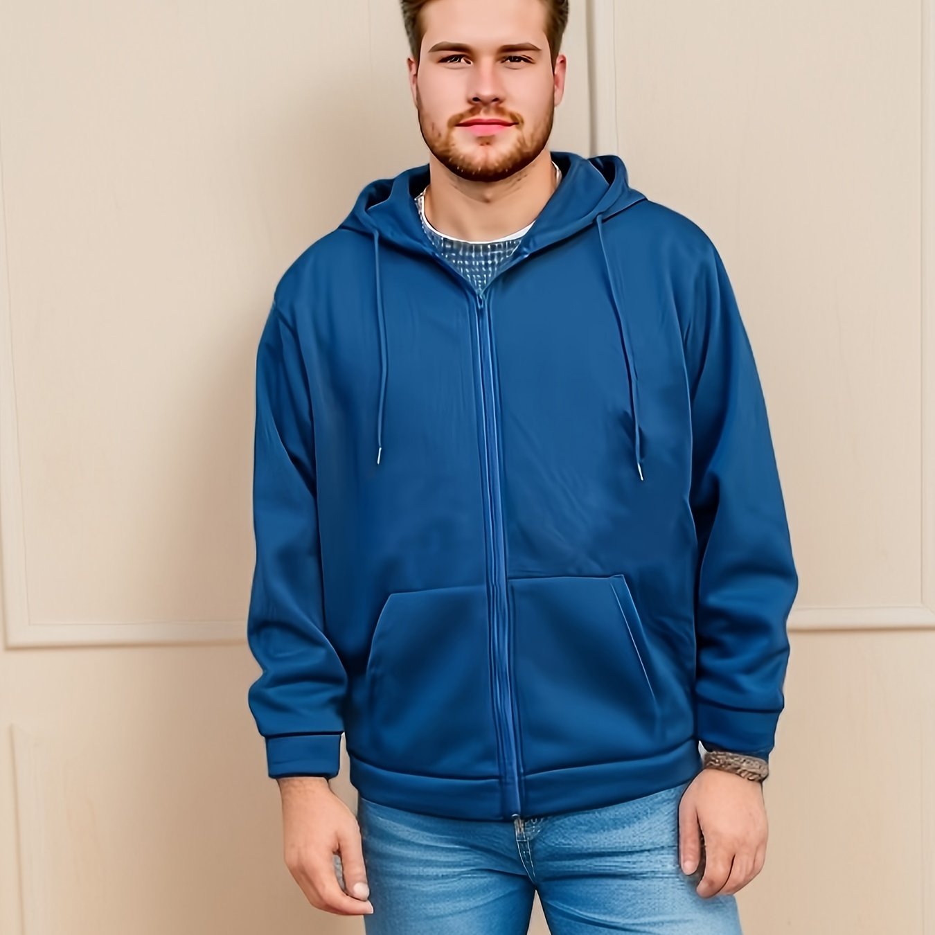 Plus Size Men's Solid Hoodies Oversized Hooded Jacket With Zipper For Fall Winter, Men's Clothing