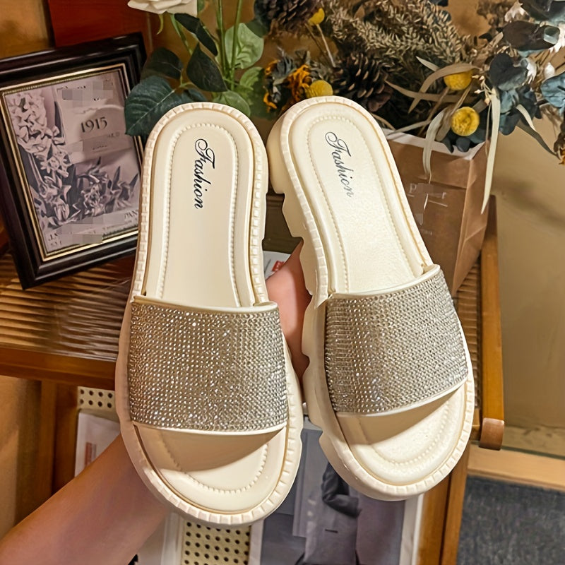 Women's Solid Color Glitter Slides, Lightweight Soft Sole Casual Summer Flats, Rhinestone Decor Beach Slides