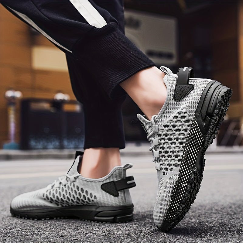 Atmungsaktive Mesh-Schnürschuhe mit lässiger geometrischer Druck für Herren, Anti-Rutsch-Schuhe für Laufsport