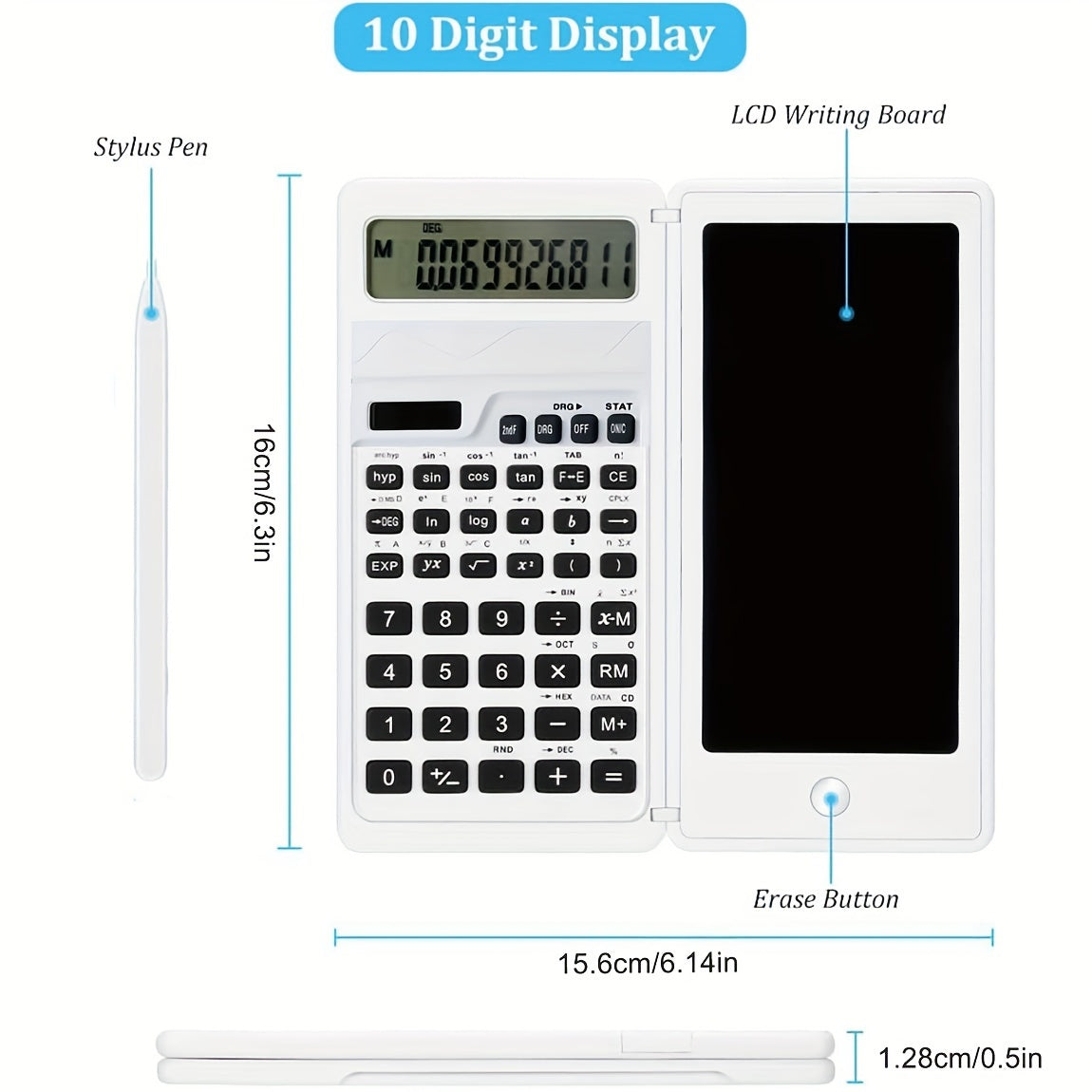 Scientific Calculators, 10-Digit LCD Display, Solar & Battery Dual Power, Pocket Size 4 Function Foldable Calculator With Hand Writing Board For Teacher, Engineer, Office, White