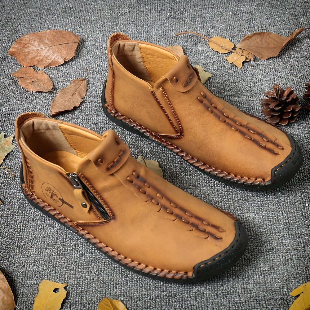 Botas masculinas com costura e zíper estilo vintage sola de borracha sapatos ao ar livre mocassins