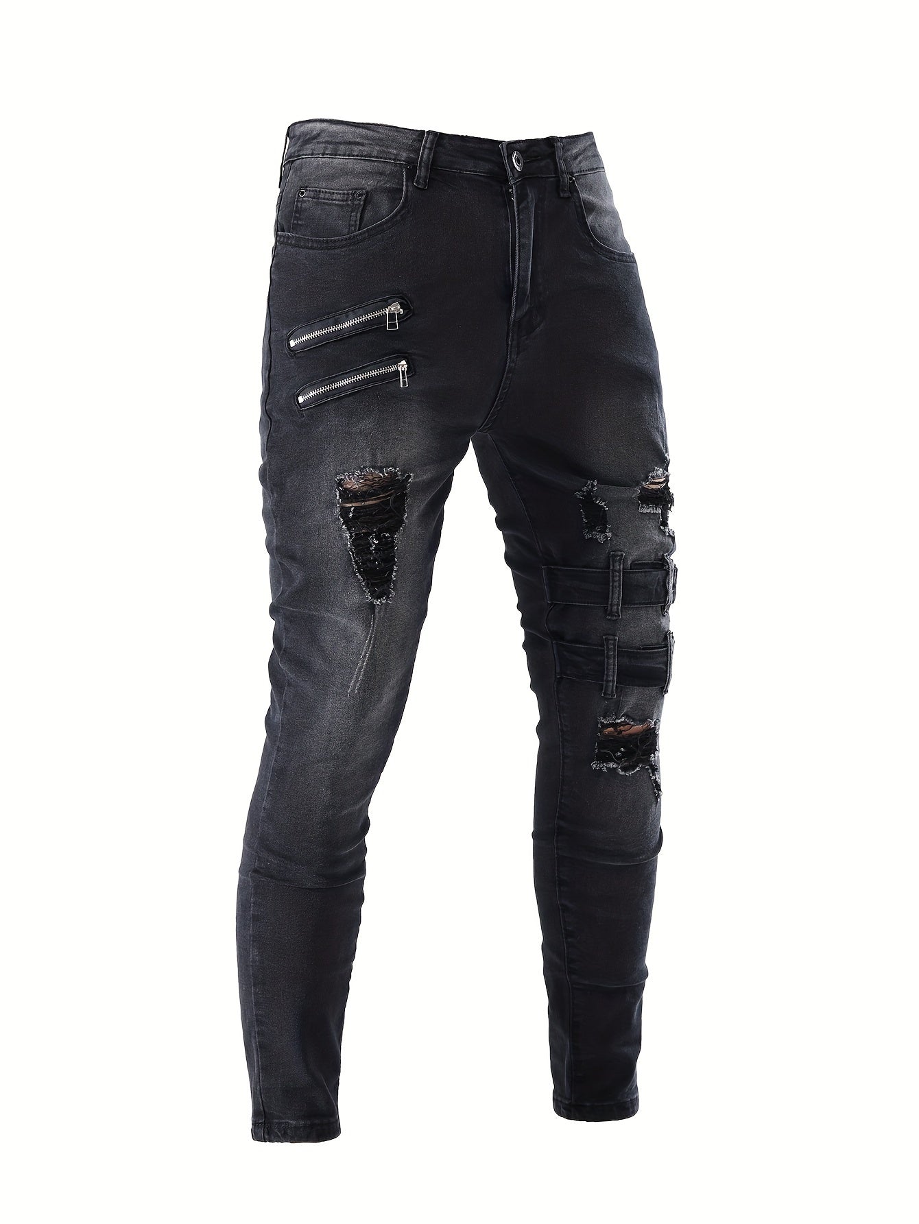 Men's Chic Skinny Biker Jeans, Casual Street Style Medium Stretch Denim Pants