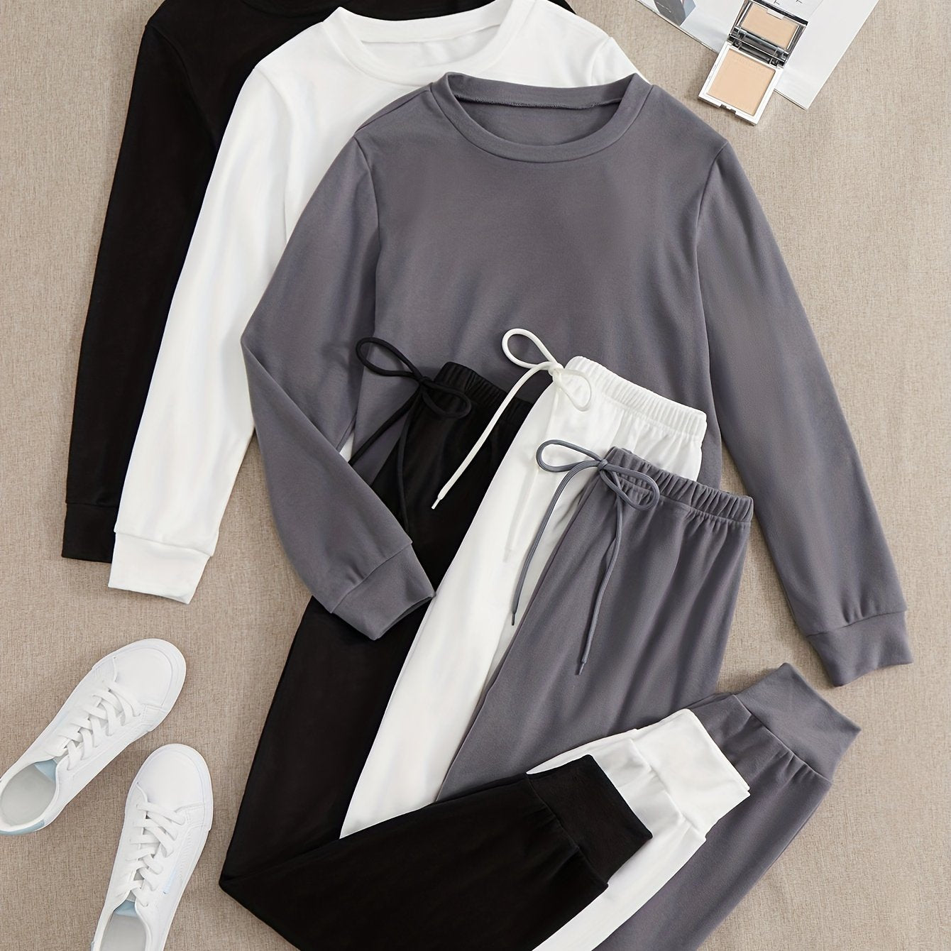 3 Sets Simple Solid Lounge Set, Long Sleeve Crew Neck Top & Lace Up Pants, Women's Loungewear & Sleepwear