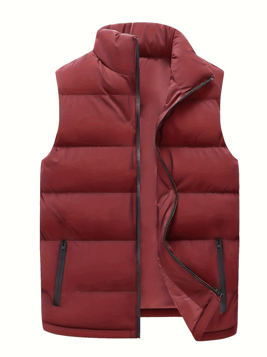 Plus Size Men's Solid Puffer Vest Jacket, Fashion Casual Thick Sleeveless Fall Winter Tops, Men's Clothing