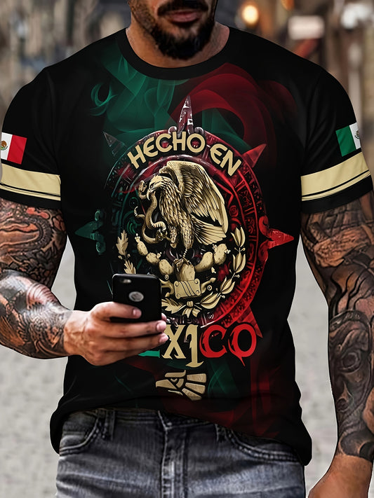 Retro Mexico Pattern Print, Men's Graphic Design Crew Neck Novel T-shirt, Casual Comfy Tees Tshirts For Summer, Men's Clothing Tops For Daily Vacation Resorts