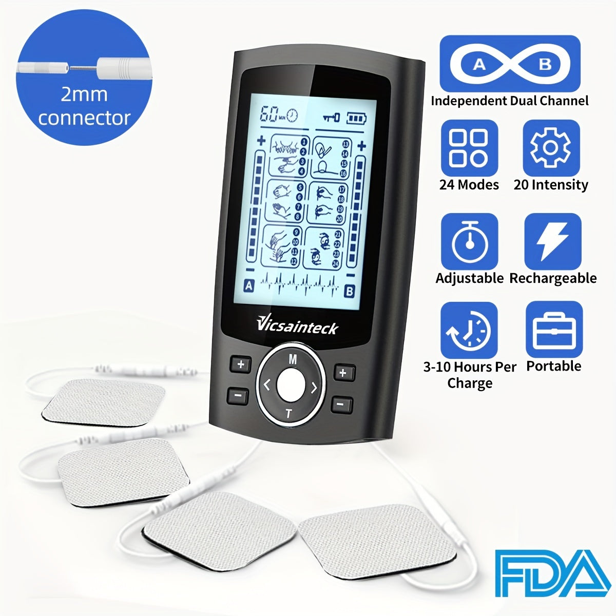 1pc TENS Unit Muscle Stimulator Machine With Rechargeable Independent Dual Channel 24 Modes, Household And Portable 20 Levels Of Intensity TENS Machine With 4pcs 2\