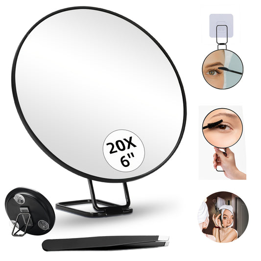10X 20X 30X Magnifying Mirror And Tweezer Kit, 6inch Three Suction Cups And 360°Adjustable Handle Makeup Mirror With 20X Magnification For Handheld, Table, Wall-Mounted And Travel, Compact Magnifier Travel Set, Gift For Women Men