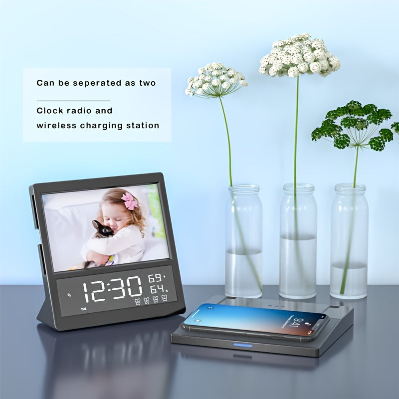 Multifunctional Wireless Charger Digital Alarm Clock FM 15W Wireless Charger Station For IPhone \u002F Samsung Galaxy,  5 Level Dimmer 10 Wake Sounds Bedside Night Light