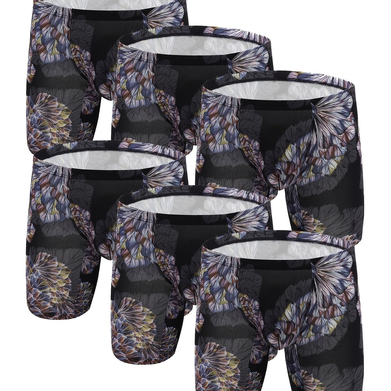 6pcs hombres flor patrón moda personalidad larga pierna boxer calzoncillos cortos, transpirable cómodo secado rápido elástico boxer troncos, en forma de U bolsa convexa bragas, ropa interior de los hombres